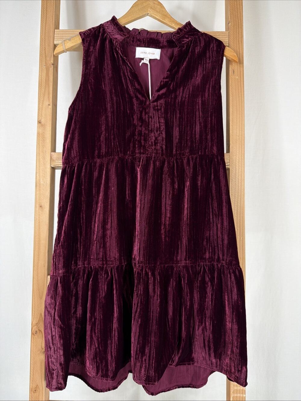 NWT Dear John Dress Burgundy Crushed Velvet Ruffle V Neck Dress #1094 Size XS